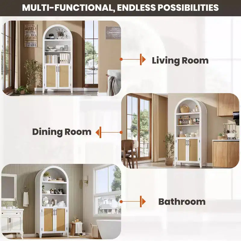 63.2Arched Bookcase with Doors, 5 Tier Open Display Shelf with Rattan Decor, Versatile Storage Cupboard for Kitchen, Dining Room, Living Room