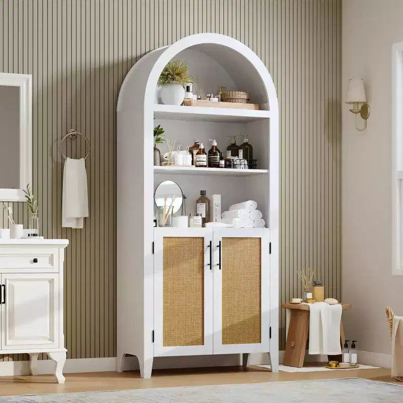 63.2Arched Bookcase with Doors, 5 Tier Open Display Shelf with Rattan Decor, Versatile Storage Cupboard for Kitchen, Dining Room, Living Room