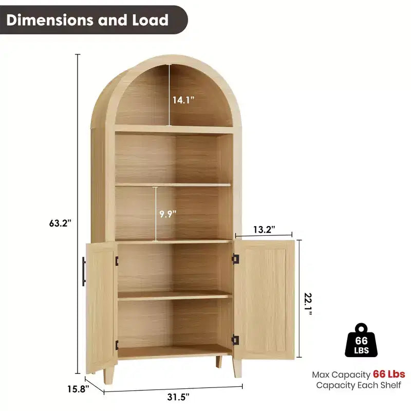 63.2Arched Bookcase with Doors, 5 Tier Open Display Shelf with Rattan Decor, Versatile Storage Cupboard for Kitchen, Dining Room, Living Room