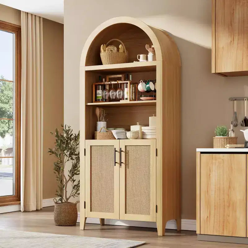 63.2Arched Bookcase with Doors, 5 Tier Open Display Shelf with Rattan Decor, Versatile Storage Cupboard for Kitchen, Dining Room, Living Room