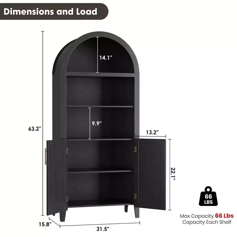 63.2Arched Bookcase with Doors, 5 Tier Open Display Shelf with Rattan Decor, Versatile Storage Cupboard for Kitchen, Dining Room, Living Room