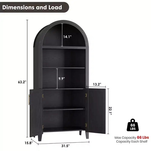 63.2Arched Bookcase with Doors, 5 Tier Open Display Shelf with Rattan Decor, Versatile Storage Cupboard for Kitchen, Dining Room, Living Room