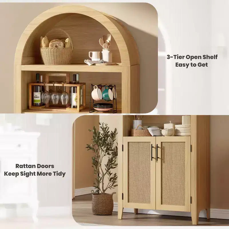 63.2Arched Bookcase with Doors, 5 Tier Open Display Shelf with Rattan Decor, Versatile Storage Cupboard for Kitchen, Dining Room, Living Room