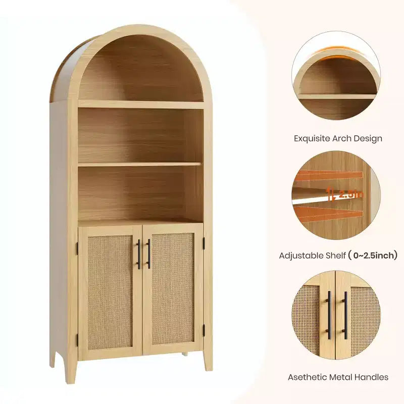 63.2Arched Bookcase with Doors, 5 Tier Open Display Shelf with Rattan Decor, Versatile Storage Cupboard for Kitchen, Dining Room, Living Room