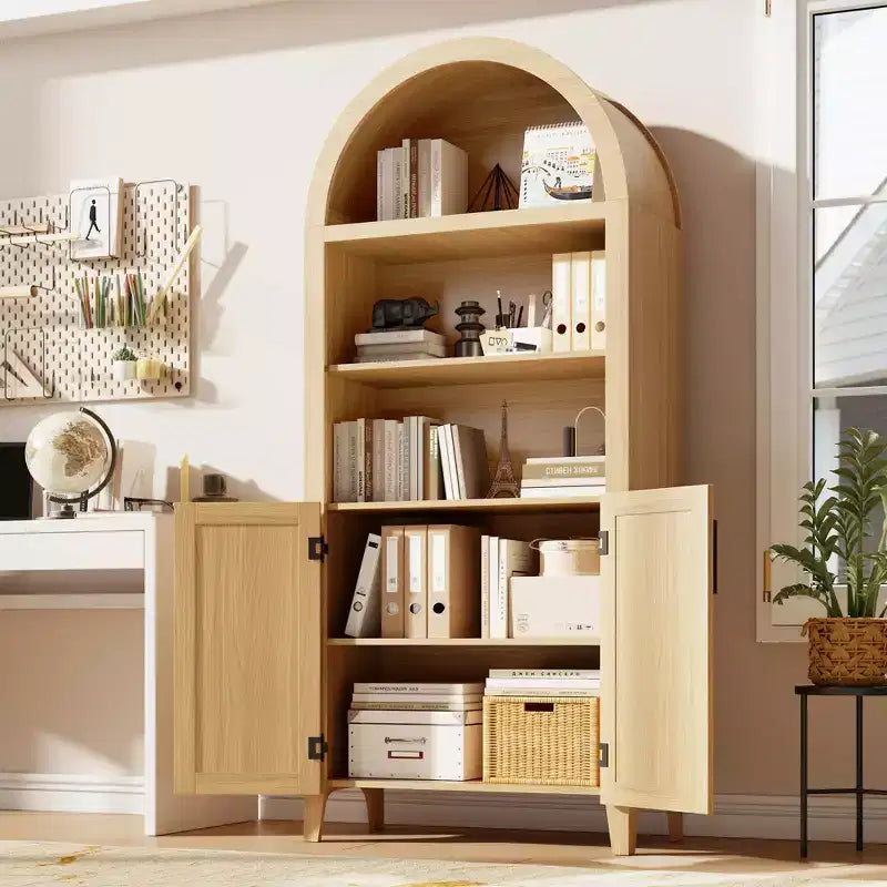 63.2Arched Bookcase with Doors, 5 Tier Open Display Shelf with Rattan Decor, Versatile Storage Cupboard for Kitchen, Dining Room, Living Room