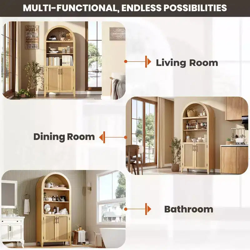 63.2Arched Bookcase with Doors, 5 Tier Open Display Shelf with Rattan Decor, Versatile Storage Cupboard for Kitchen, Dining Room, Living Room