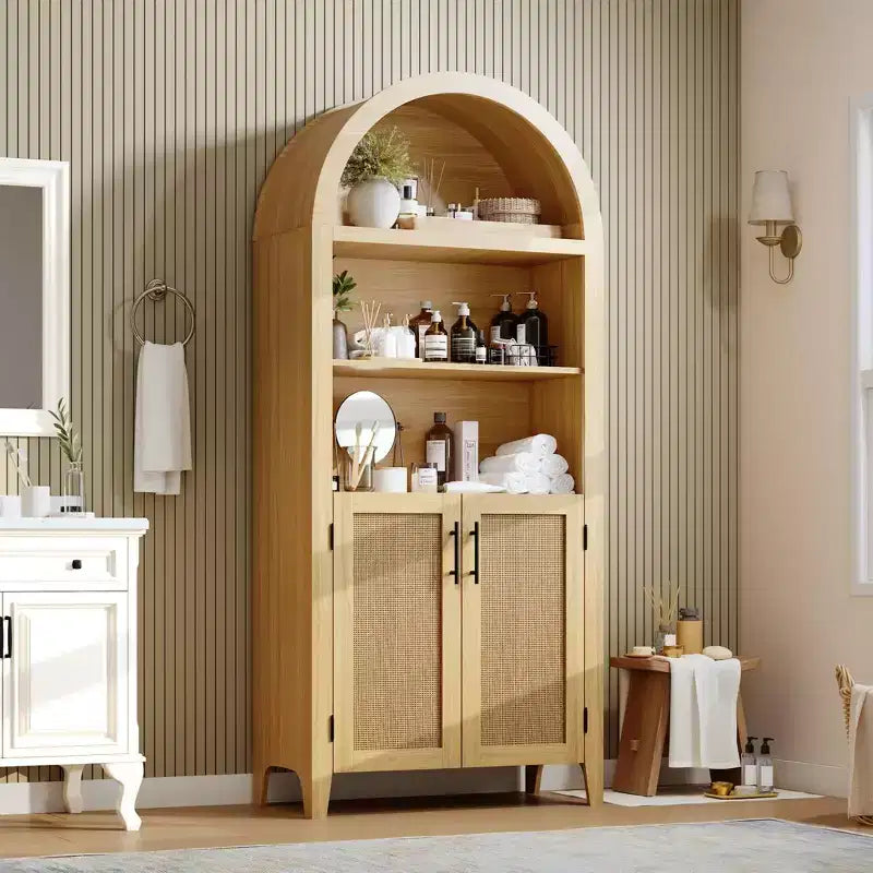 63.2Arched Bookcase with Doors, 5 Tier Open Display Shelf with Rattan Decor, Versatile Storage Cupboard for Kitchen, Dining Room, Living Room