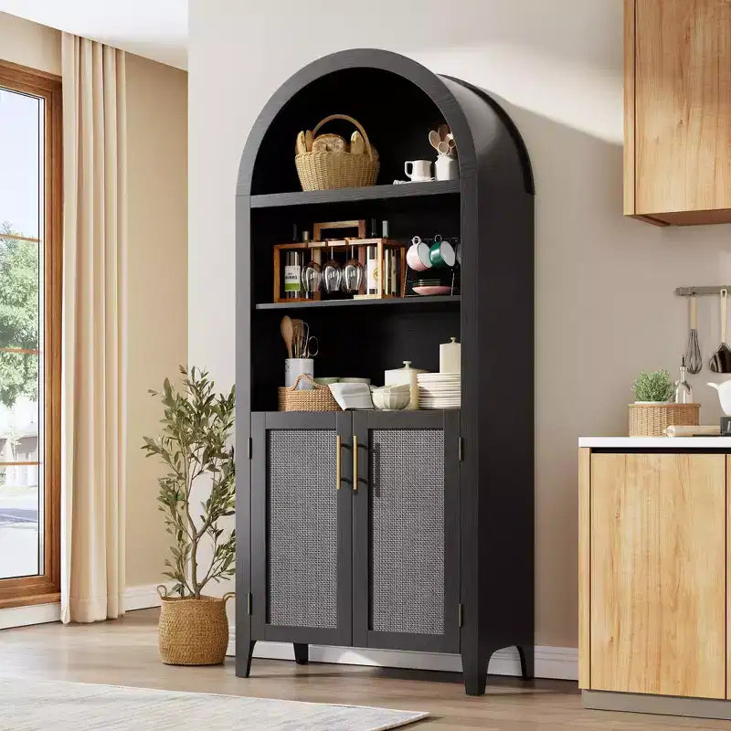 63.2Arched Bookcase with Doors, 5 Tier Open Display Shelf with Rattan Decor, Versatile Storage Cupboard for Kitchen, Dining Room, Living Room