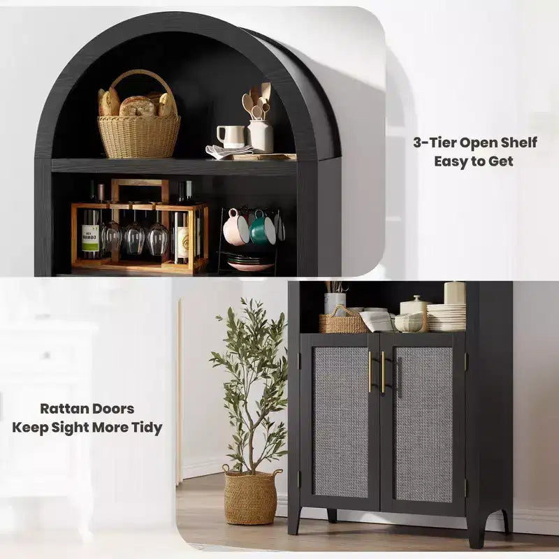 63.2Arched Bookcase with Doors, 5 Tier Open Display Shelf with Rattan Decor, Versatile Storage Cupboard for Kitchen, Dining Room, Living Room