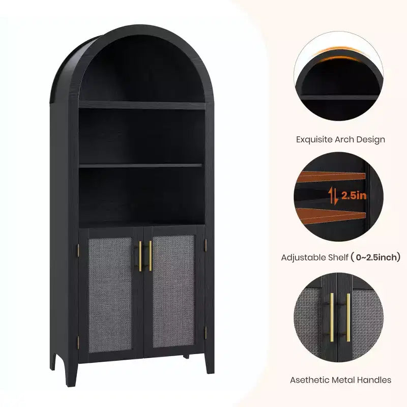 63.2Arched Bookcase with Doors, 5 Tier Open Display Shelf with Rattan Decor, Versatile Storage Cupboard for Kitchen, Dining Room, Living Room