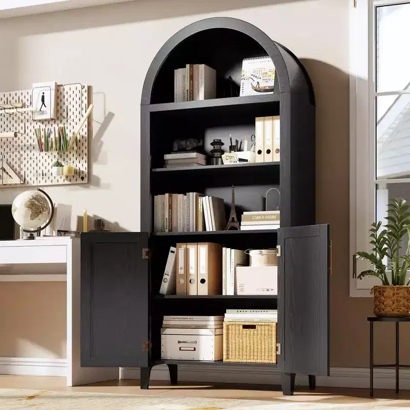 63.2Arched Bookcase with Doors, 5 Tier Open Display Shelf with Rattan Decor, Versatile Storage Cupboard for Kitchen, Dining Room, Living Room