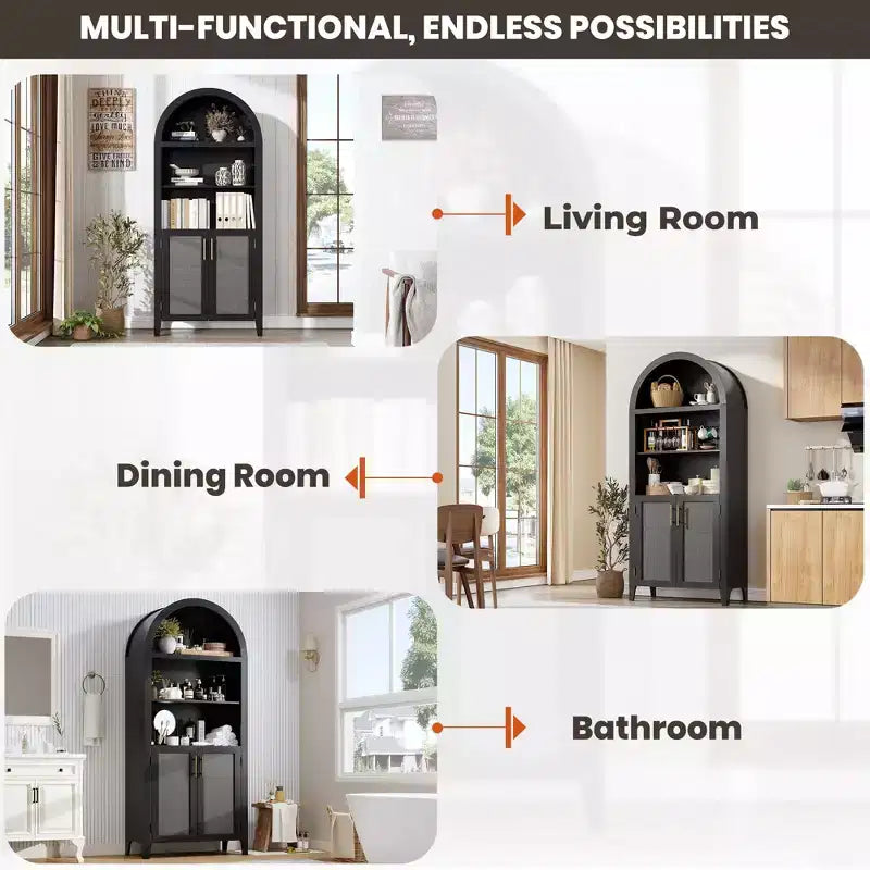 63.2Arched Bookcase with Doors, 5 Tier Open Display Shelf with Rattan Decor, Versatile Storage Cupboard for Kitchen, Dining Room, Living Room