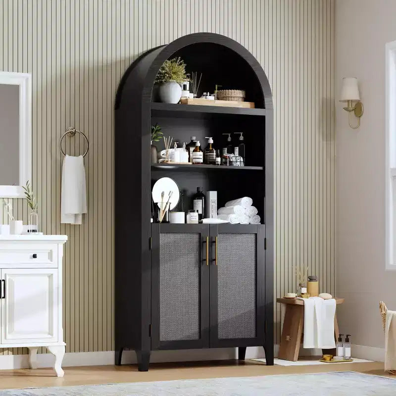 63.2Arched Bookcase with Doors, 5 Tier Open Display Shelf with Rattan Decor, Versatile Storage Cupboard for Kitchen, Dining Room, Living Room