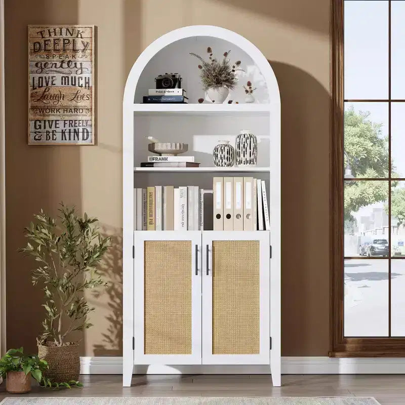 63.2Arched Bookcase with Doors, 5 Tier Open Display Shelf with Rattan Decor, Versatile Storage Cupboard for Kitchen, Dining Room, Living Room