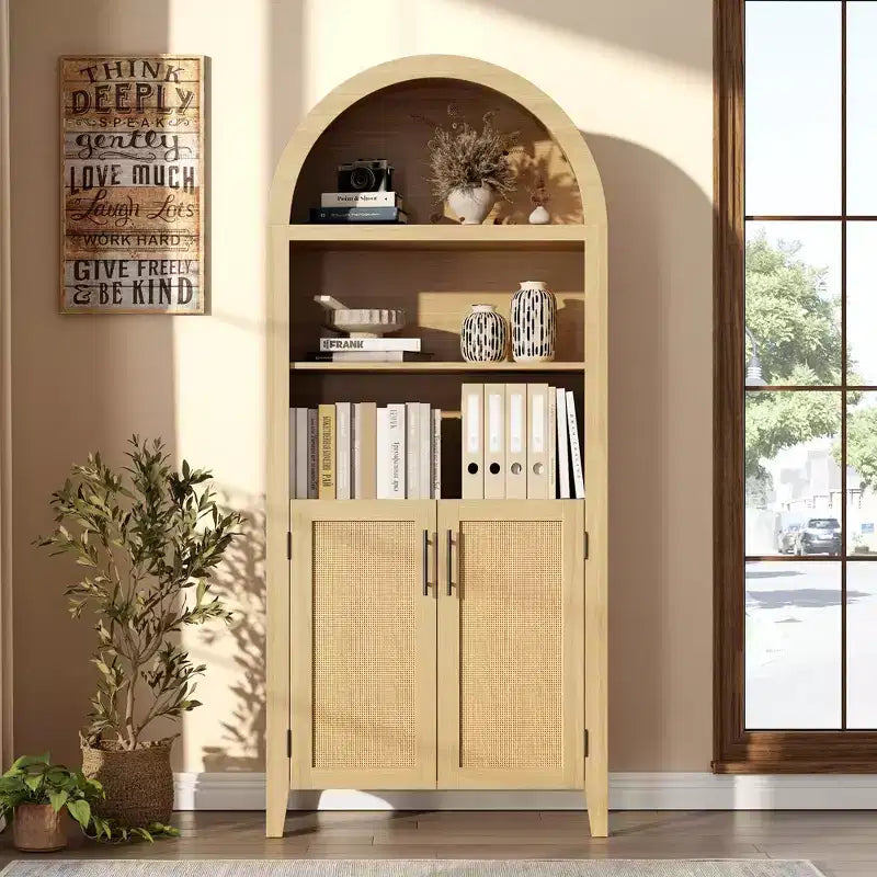 63.2Arched Bookcase with Doors, 5 Tier Open Display Shelf with Rattan Decor, Versatile Storage Cupboard for Kitchen, Dining Room, Living Room
