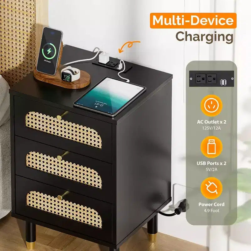 VINGLI Black Rattan Nightstand with Charging Station