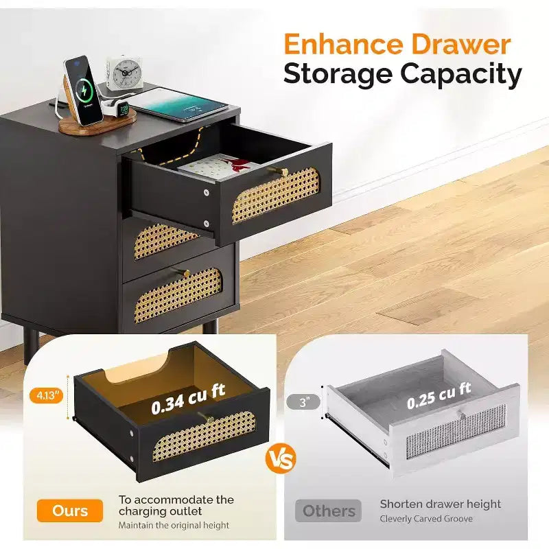 VINGLI Black Rattan Nightstand with Charging Station