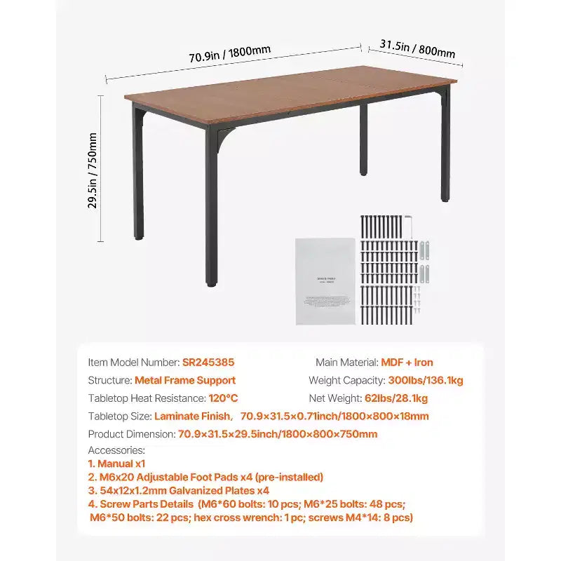 VEVOR Rectangle Dining Table, 71 inch Length Large Wood Tables for 6-8 Person, Farmhouse Dinner Furniture, with Iron Legs,(Only Table) Brown