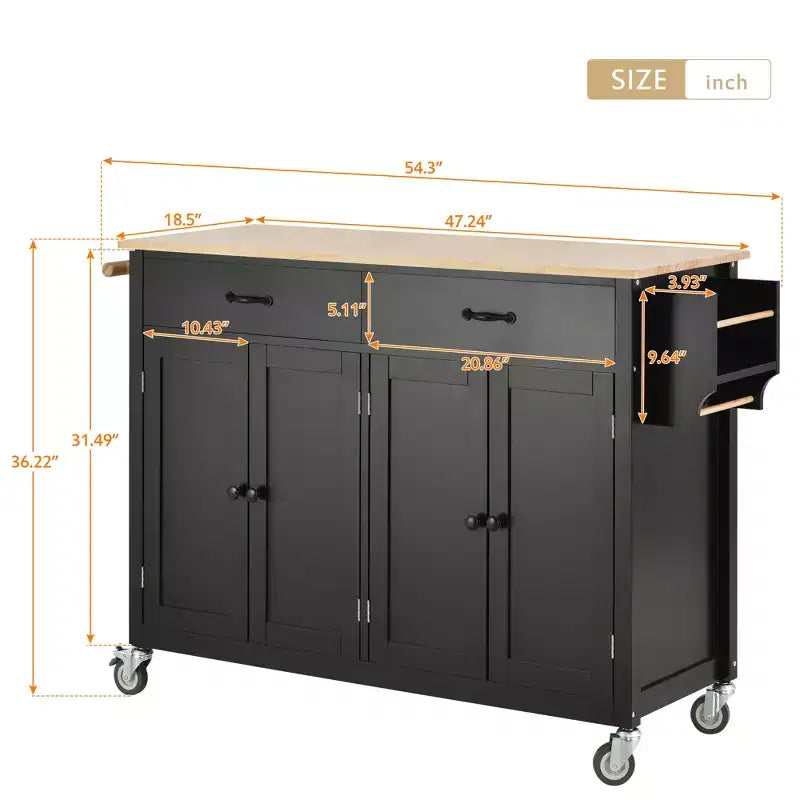 JVNOXK - Chariot de cuisine avec plateau en bois massif et roulettes verrouillables, 137,9 cm de large, meuble 4 portes et deux tiroirs, porte-épices, noir