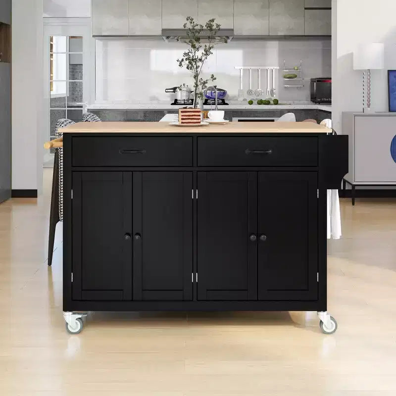 JVNOXK - Chariot de cuisine avec plateau en bois massif et roulettes verrouillables, 137,9 cm de large, meuble 4 portes et deux tiroirs, porte-épices, noir