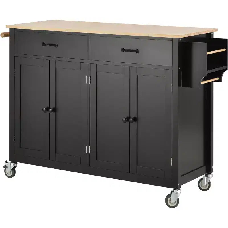 JVNOXK - Chariot de cuisine avec plateau en bois massif et roulettes verrouillables, 137,9 cm de large, meuble 4 portes et deux tiroirs, porte-épices, noir