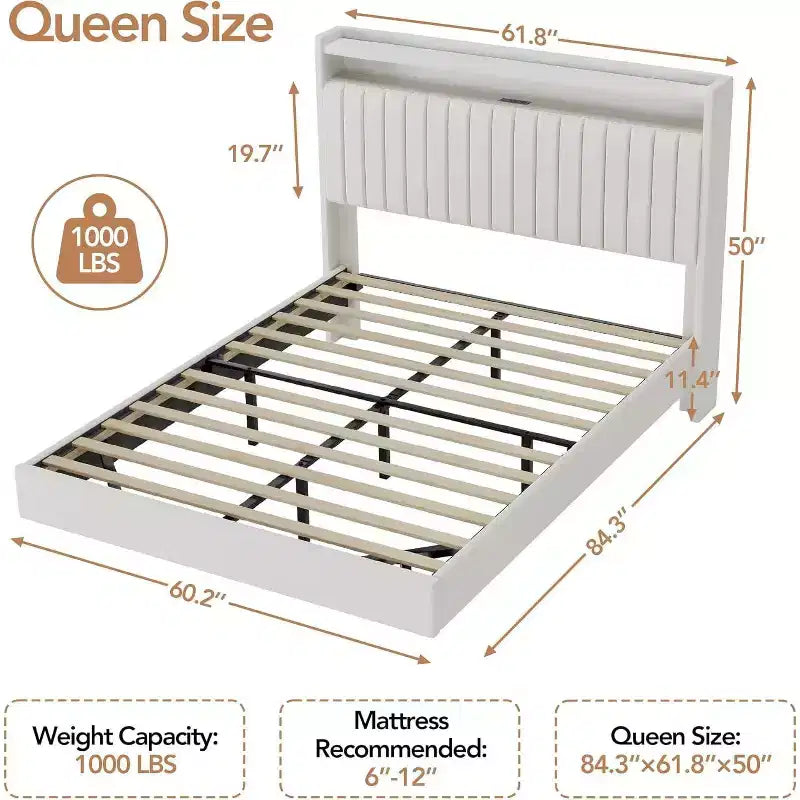 Acekool Full Floating Bed Frame with USB Charging Station, Upholstered Platform Bed with Headboard Storage and Soft LED Lighting