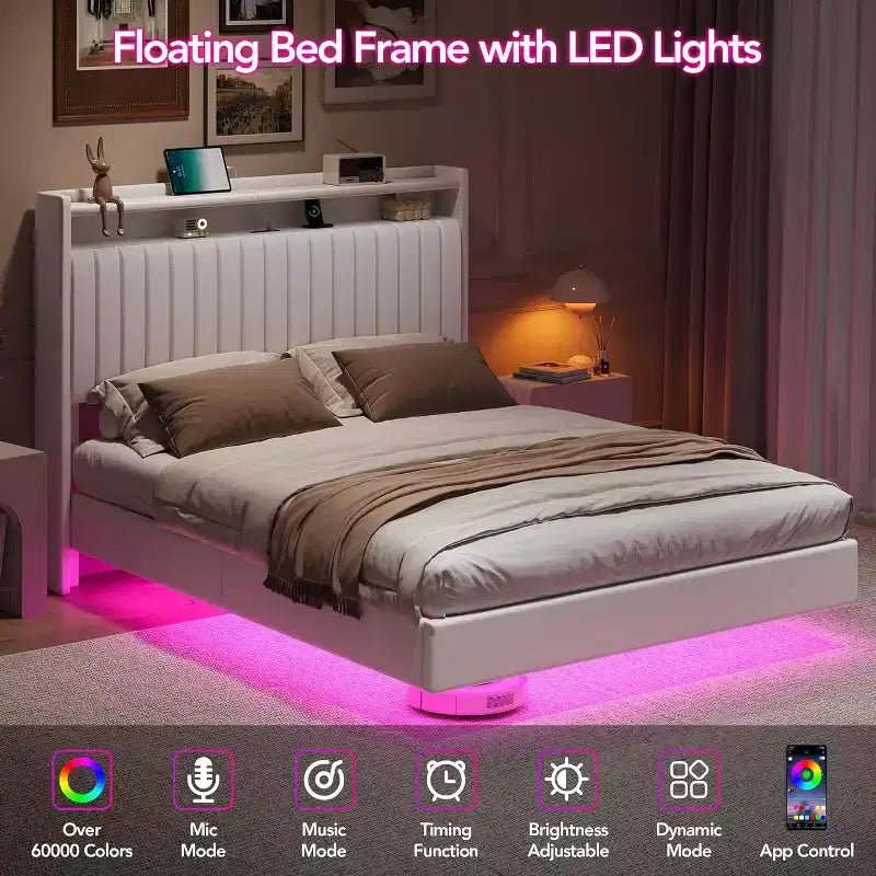 Acekool Full Floating Bed Frame with USB Charging Station, Upholstered Platform Bed with Headboard Storage and Soft LED Lighting