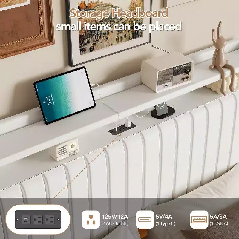 Acekool Full Floating Bed Frame with USB Charging Station, Upholstered Platform Bed with Headboard Storage and Soft LED Lighting