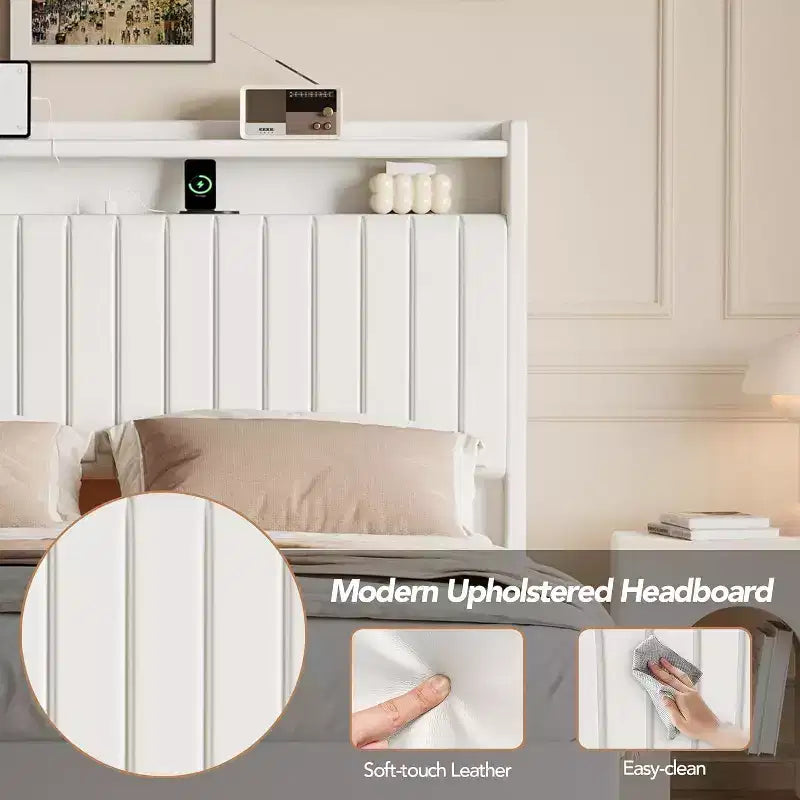 Acekool Full Floating Bed Frame with USB Charging Station, Upholstered Platform Bed with Headboard Storage and Soft LED Lighting