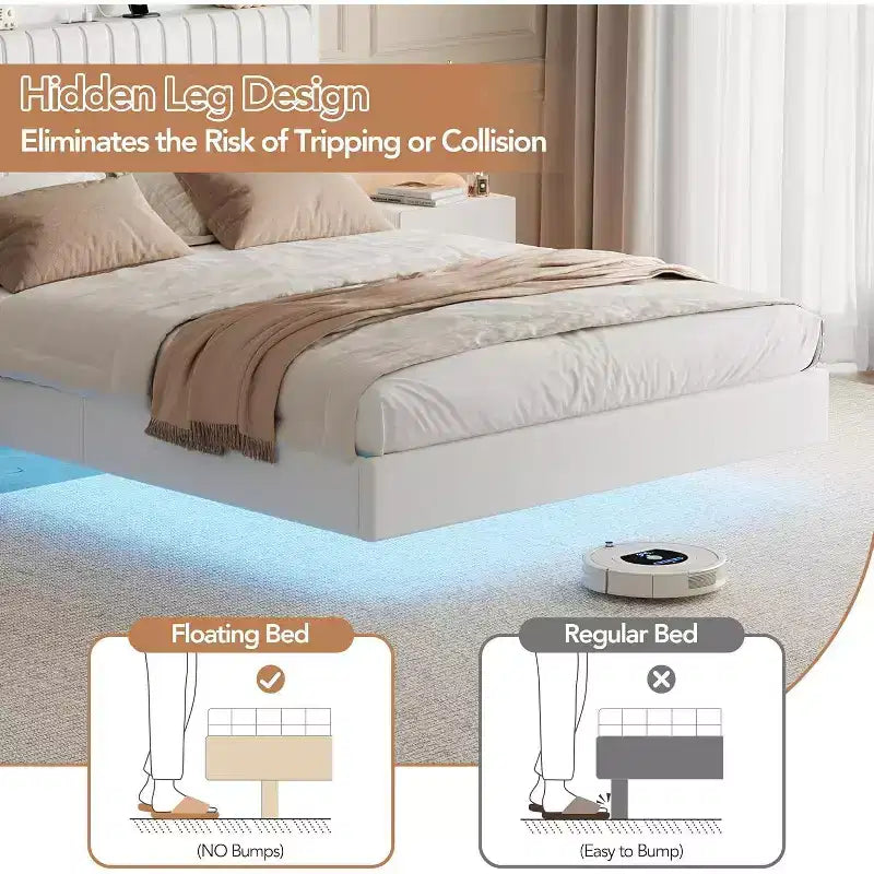 Acekool Full Floating Bed Frame with USB Charging Station, Upholstered Platform Bed with Headboard Storage and Soft LED Lighting