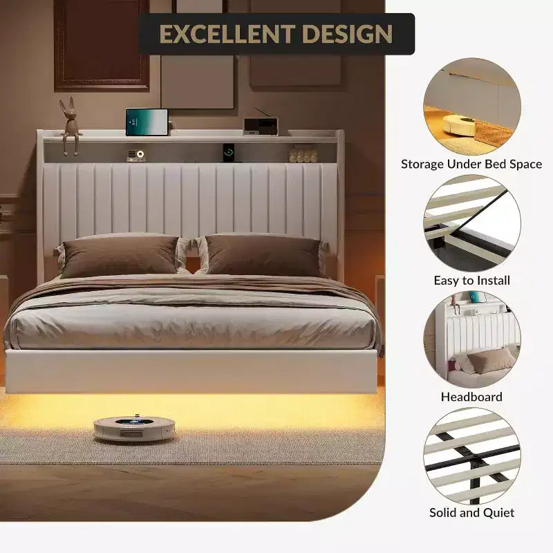 Acekool Full Floating Bed Frame with USB Charging Station, Upholstered Platform Bed with Headboard Storage and Soft LED Lighting