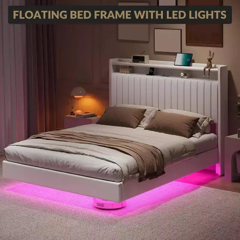 Acekool Full Floating Bed Frame with USB Charging Station, Upholstered Platform Bed with Headboard Storage and Soft LED Lighting