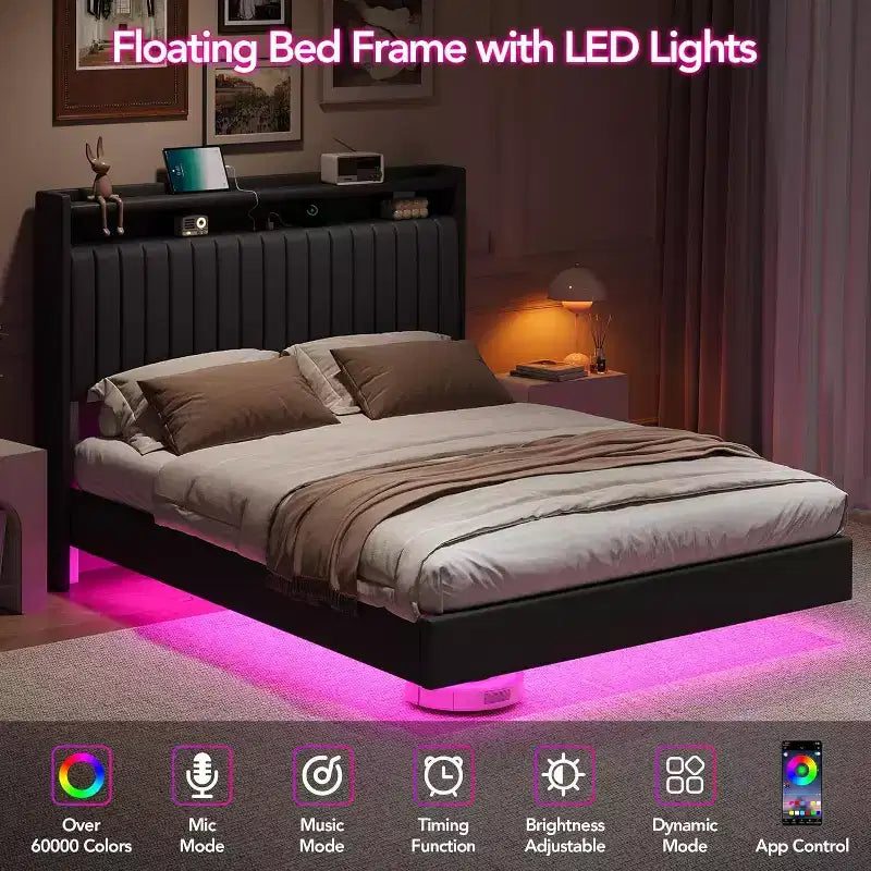 Acekool Full Floating Bed Frame with USB Charging Station, Upholstered Platform Bed with Headboard Storage and Soft LED Lighting