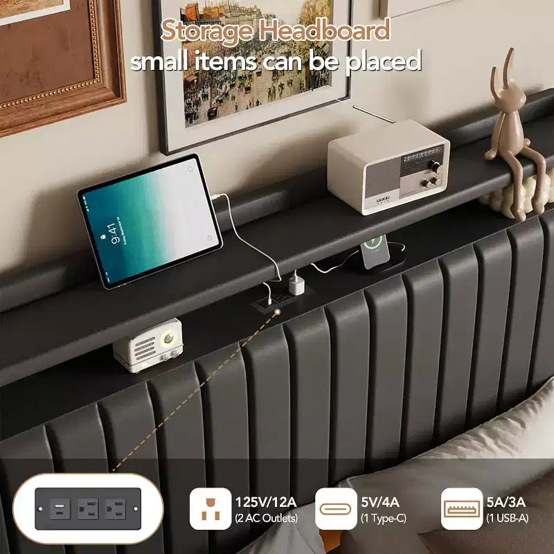 Acekool Full Floating Bed Frame with USB Charging Station, Upholstered Platform Bed with Headboard Storage and Soft LED Lighting