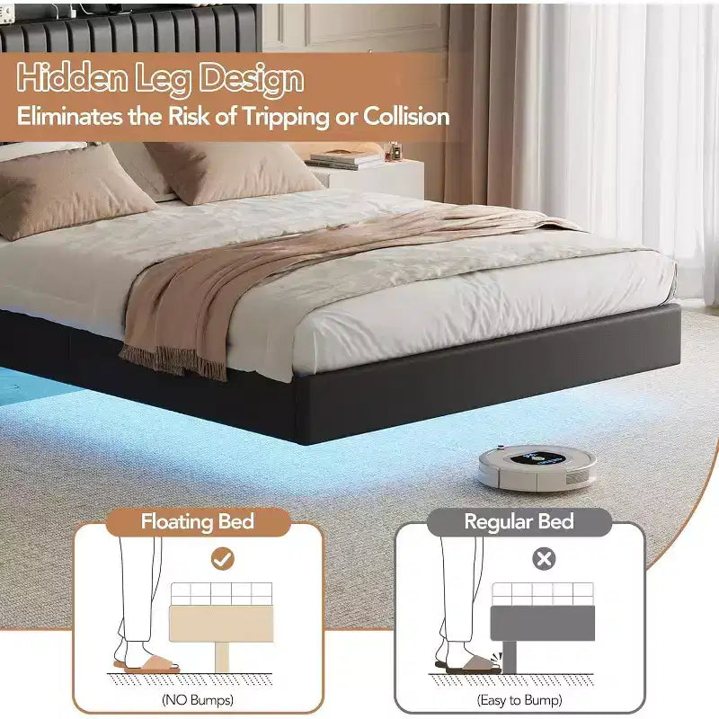 Acekool Full Floating Bed Frame with USB Charging Station, Upholstered Platform Bed with Headboard Storage and Soft LED Lighting