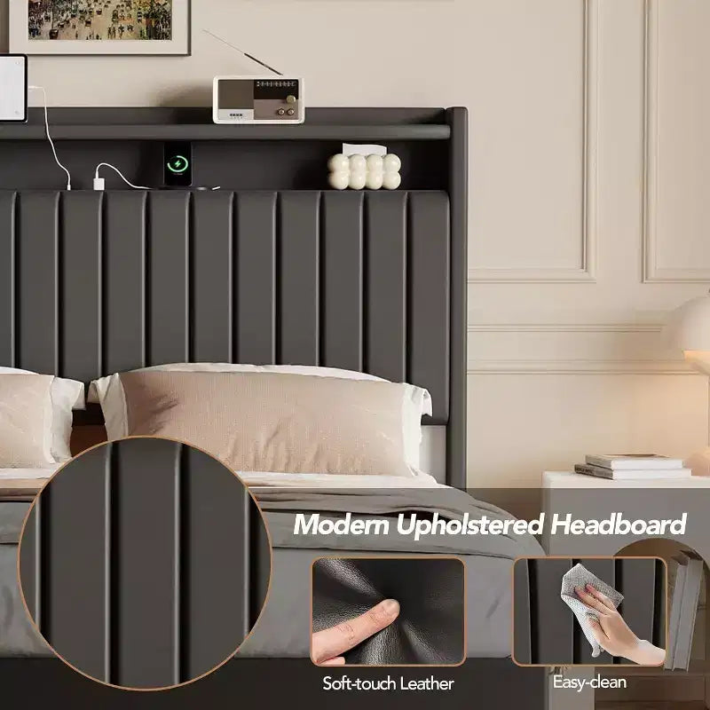 Acekool Full Floating Bed Frame with USB Charging Station, Upholstered Platform Bed with Headboard Storage and Soft LED Lighting