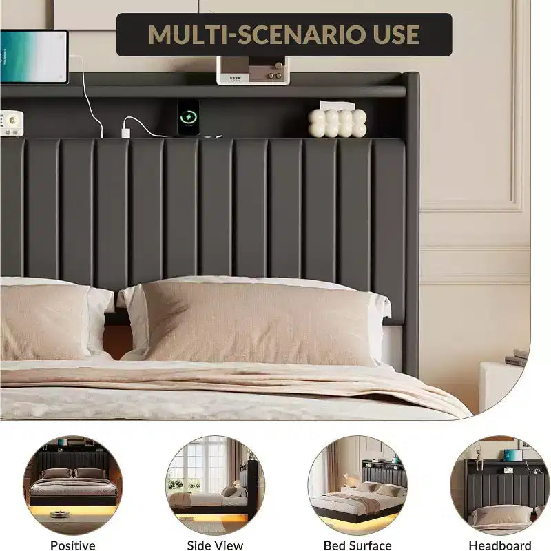 Acekool Full Floating Bed Frame with USB Charging Station, Upholstered Platform Bed with Headboard Storage and Soft LED Lighting