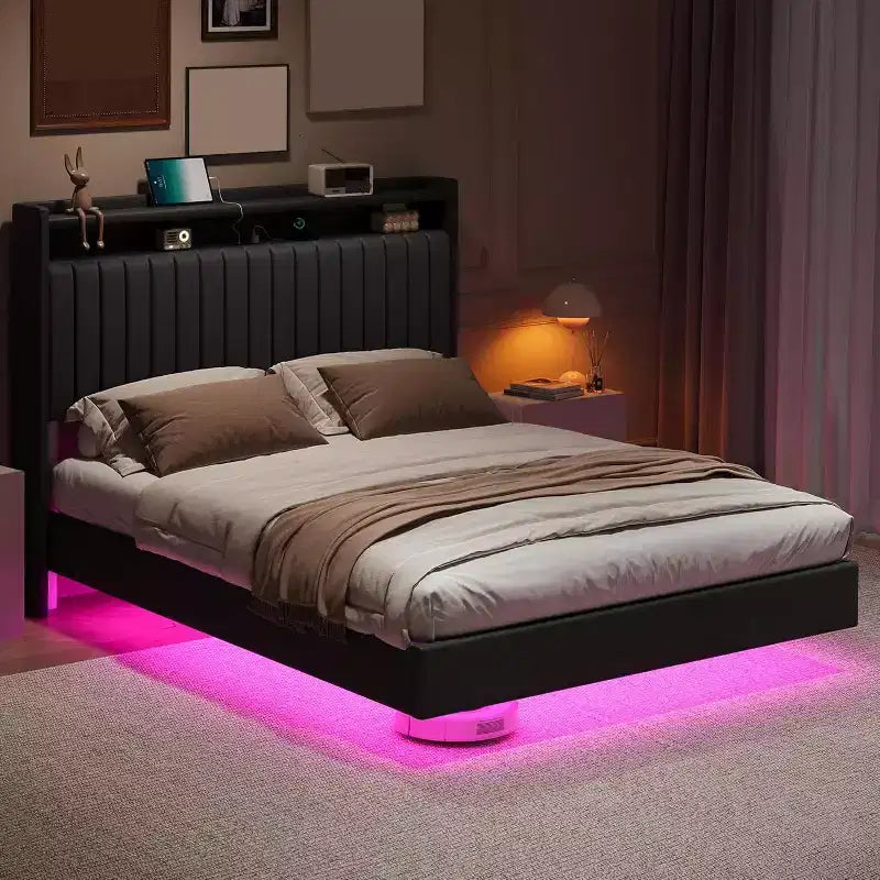 Acekool Full Floating Bed Frame with USB Charging Station, Upholstered Platform Bed with Headboard Storage and Soft LED Lighting