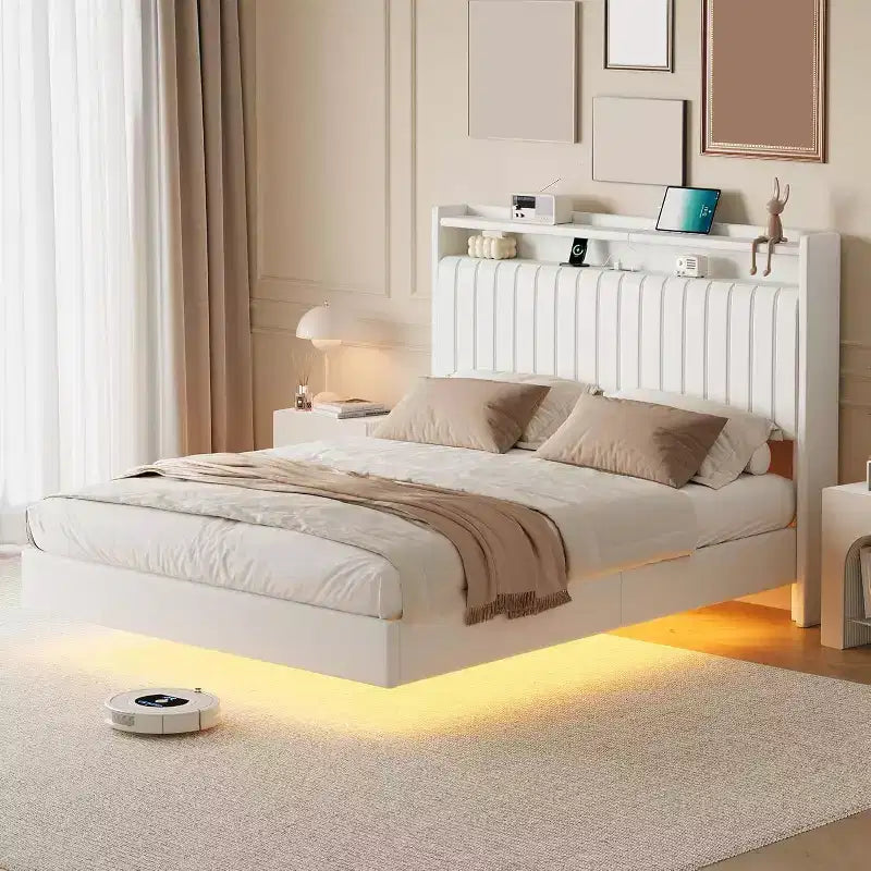 Acekool Full Floating Bed Frame with USB Charging Station, Upholstered Platform Bed with Headboard Storage and Soft LED Lighting