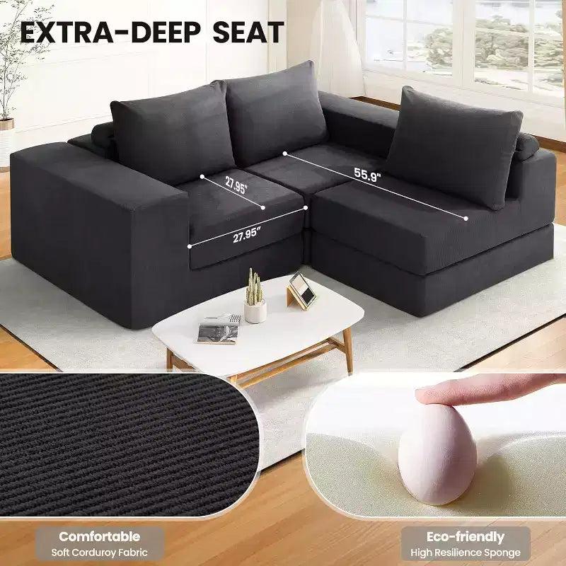 Homdox 110 3-Seat Cloud Sofa Bed w/Deep Seat & Non Slip Base, L-Shape Chaise for Living Room, No Assembly,
