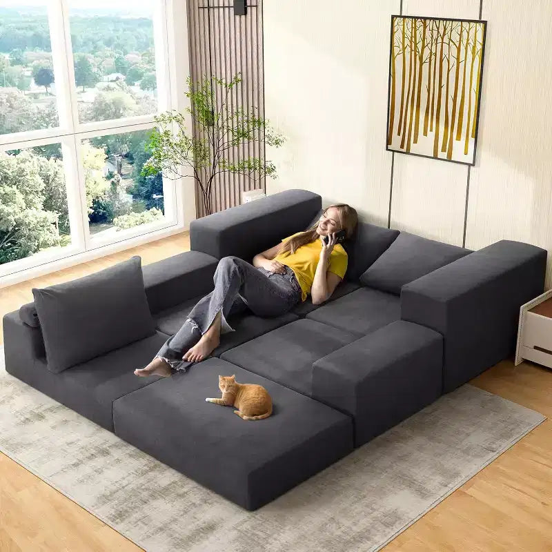 Homdox 110 3-Seat Cloud Sofa Bed w/Deep Seat & Non Slip Base, L-Shape Chaise for Living Room, No Assembly,