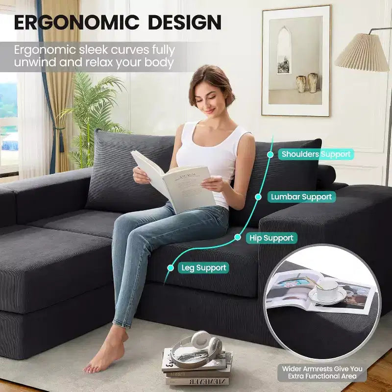 Homdox 110 3-Seat Cloud Sofa Bed w/Deep Seat & Non Slip Base, L-Shape Chaise for Living Room, No Assembly,