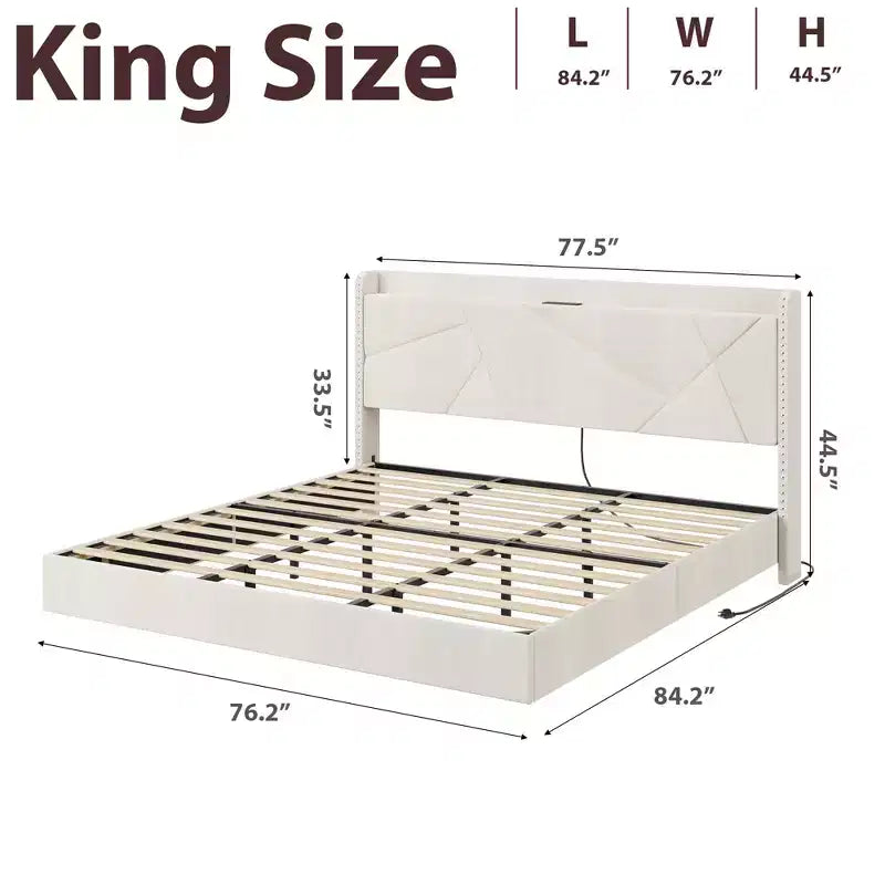 Cadre de lit king-size avec lumières et station de recharge, lit plateforme rembourré, tête de lit de rangement, design capitonné, pas besoin de sommier tapissier.