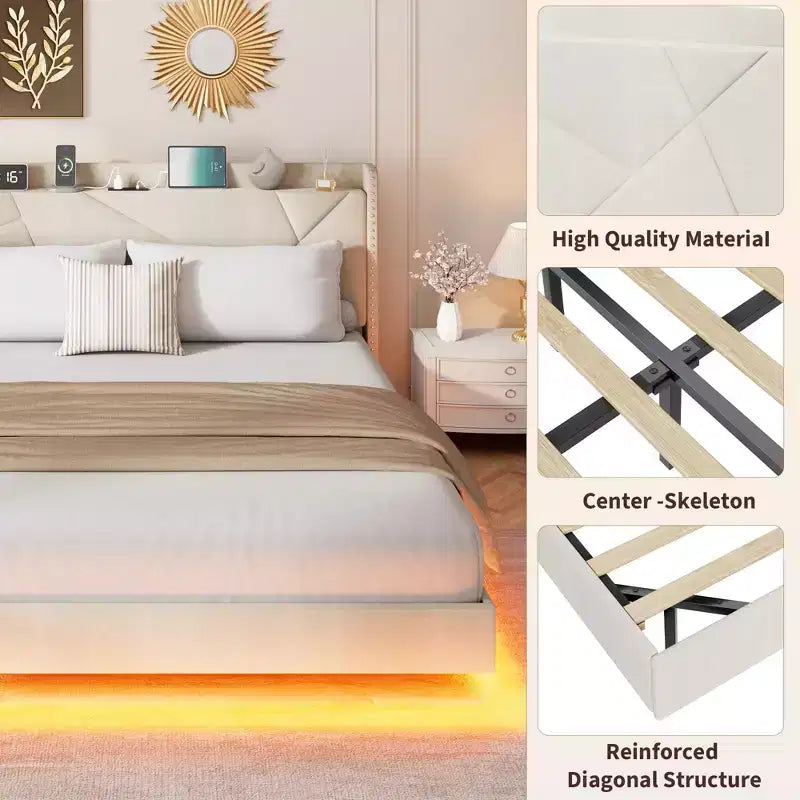 Cadre de lit king-size avec lumières et station de recharge, lit plateforme rembourré, tête de lit de rangement, design capitonné, pas besoin de sommier tapissier.