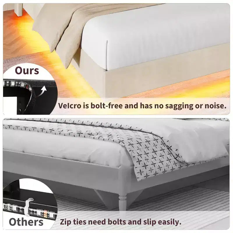 Cadre de lit king-size avec lumières et station de recharge, lit plateforme rembourré, tête de lit de rangement, design capitonné, pas besoin de sommier tapissier.