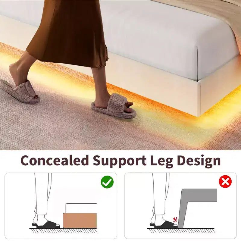 Cadre de lit king-size avec lumières et station de recharge, lit plateforme rembourré, tête de lit de rangement, design capitonné, pas besoin de sommier tapissier.