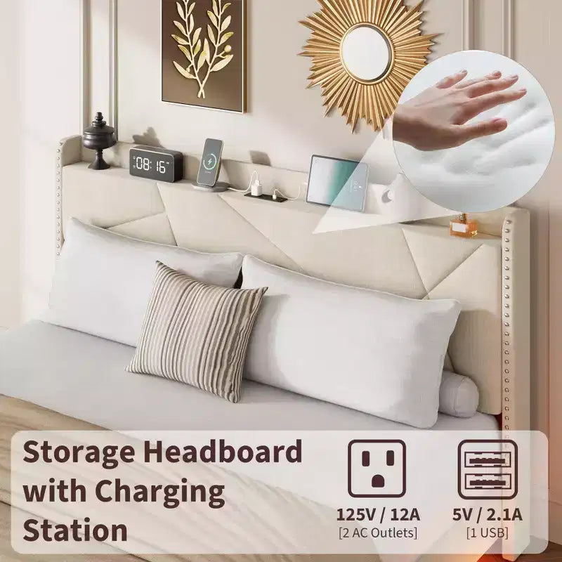 Cadre de lit king-size avec lumières et station de recharge, lit plateforme rembourré, tête de lit de rangement, design capitonné, pas besoin de sommier tapissier.