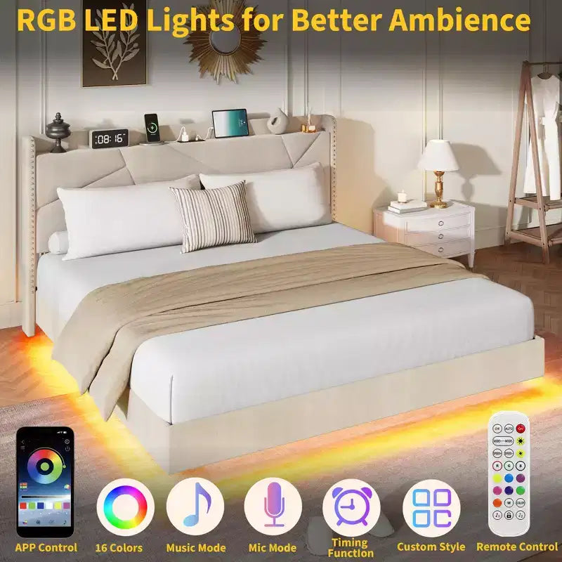 Cadre de lit king-size avec lumières et station de recharge, lit plateforme rembourré, tête de lit de rangement, design capitonné, pas besoin de sommier tapissier.