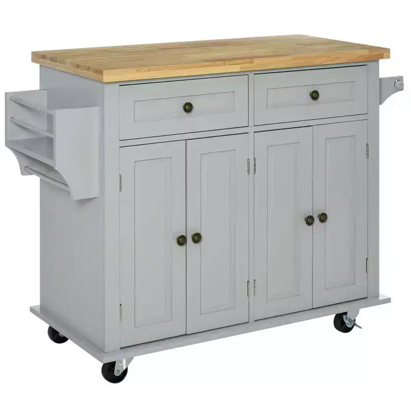 Îlot de cuisine Okak Farmhouse avec plateau en bois d'hévéa, chariot de cuisine avec étagère à épices, porte-serviettes et tiroirs, organiseur de comptoir pour la cuisine