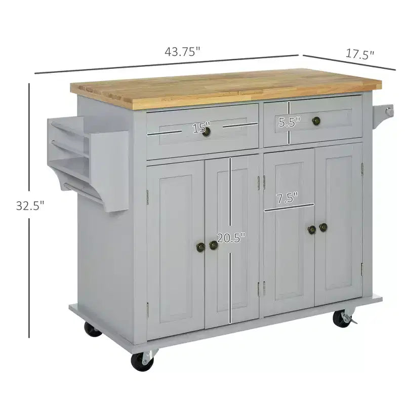 Îlot de cuisine Okak Farmhouse avec plateau en bois d'hévéa, chariot de cuisine avec étagère à épices, porte-serviettes et tiroirs, organiseur de comptoir pour la cuisine